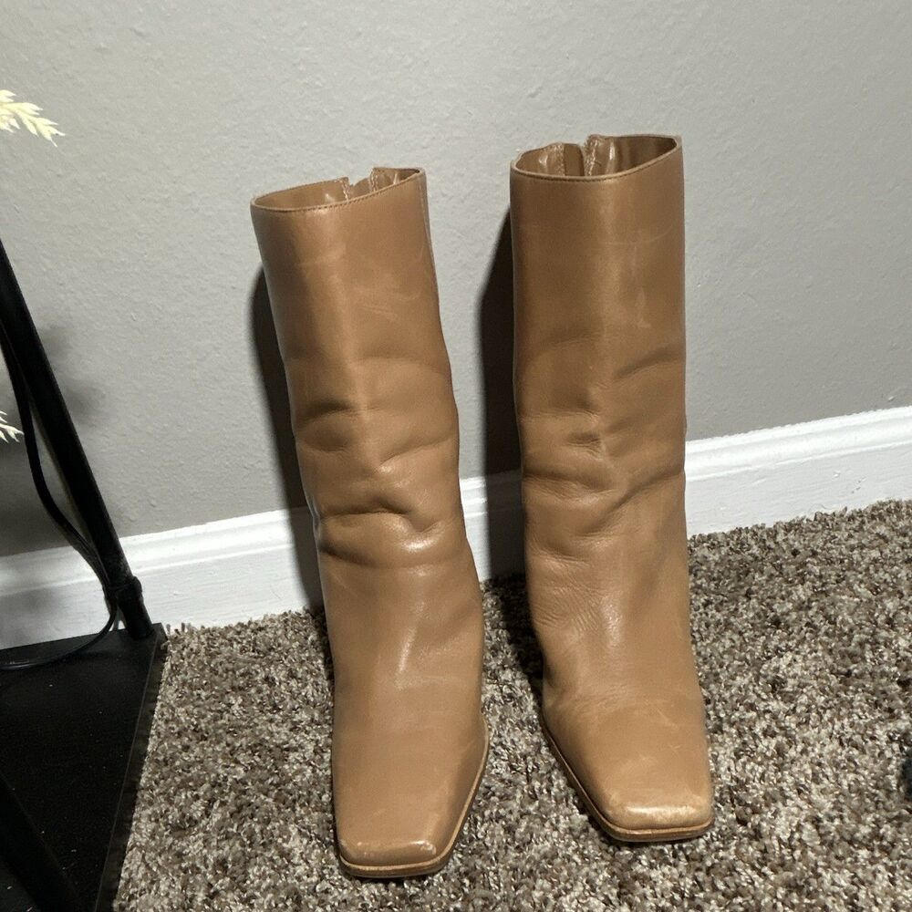 Amanda Smith Tan Leather Mid-Calf Boots Square Toe Block Heel Zip Buckle 10